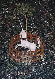 El unicornio cautivo (c. 1500), en un tapiz de la serie La caza del unicornio (museo The Cloisters).