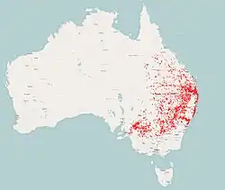 Distribución del mielero lanceolado.Datos de The Atlas of Living Australia.