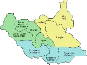 Mapa de los estados y regiones de Sudán del Sur. Bar el Gazal en verde.