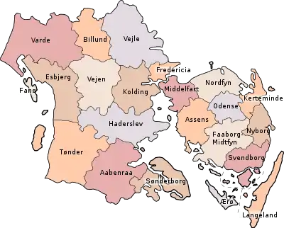 Mapa de municipios de Syddanmark.