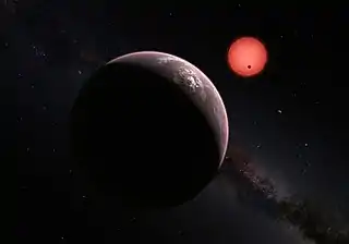 Esta ilustración muestra una vista imaginaria desde cerca de uno de los tres planetas que orbitan a una estrella enana ultrafría a tan solo 39 años luz de la Tierra, descubierto usando el telescopio TRAPPIST, instalado en el Observatorio La Silla de ESO. Estos mundos tienen tamaños y temperaturas similares a los de Venus y la Tierra y son los mejores objetivos encontrados hasta ahora para la búsqueda de vida fuera del sistema solar. Son los primeros planetas descubiertos alrededor de una estrella tan pequeña y débil. En esta ilustración, uno de los planetas interiores es visto en tránsito a través del disco de su pequeña y tenue estrella.