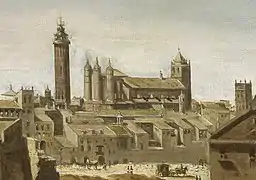 Iglesia mudéjar del Pilar en 1647, según detalle de la Vista de Zaragoza de Martínez del Mazo