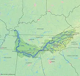 Mapa del río Tennessee, cuya cuenca ocupa gran parte del estado.