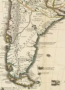 Mapa del francés Guillaume de L'Isle de 1703 mencionando a la "Terra Magellánica" con el subtítulo "que los españoles comprenden con el nombre general de Chile"