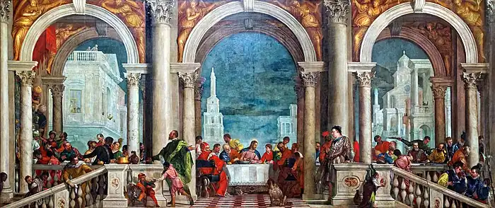 Cena en casa de Leví, del Veronés, 1573 (inicialmente una sagrada cena muy libremente tratada, que hubo que redenominar por cuestiones teológicas, en el contexto de la Contrarreforma).