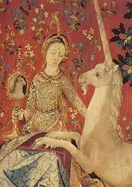 Detalle de La Dama y el unicornio (c. 1500), tapiz en exhibición en el Museo de Cluny.