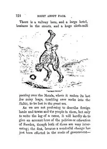 Página de libro con un grabado de un hombre blanco saltando con una pierna arriba, otra abajo y la cabeza a la altura de la rodilla de abajo.