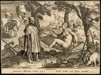 Theodor Galle después de Stradanus, Amerigo Vespucci despierta a América en su hamaca, 1570. En el fondo se está asando un cautivo.