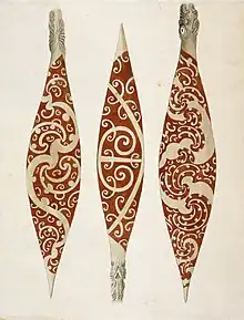 Tres remos maoríes, dibujo de Sydney Parkinson. Probablemente fueron los remos que los maoríes entregaron como regalo en Poverty Bay el 11 de octubre de 1769.