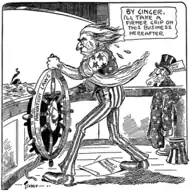 Caricatura "Time to get busy" de Bud Fisher, que muestra al tío Sam llevando el timón de las leyes marítimas en lugar del magnate.