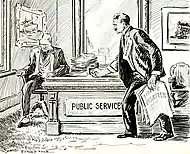 "The Margin of Safety Is Too Narrow!" Caricatura de un hombre que representa al "público" golpeando su puño en un escritorio de "SERVICIOS PÚBLICOS" que pertenece a un hombre que representa a "las compañías".
