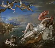 Oil painting. A flamboyant scene in which an imploring woman is scanty clothing is carried unwillingly out to sea on the back of a large white bull with rolling eyes. They are pursued by a number of cupids.