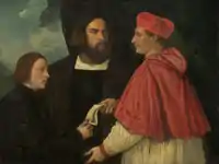 Girolamo y el cardenal Marco Corner invistiendo a Marco, abad de Carrara, con su beneficio, Tiziano, circa 1520¶