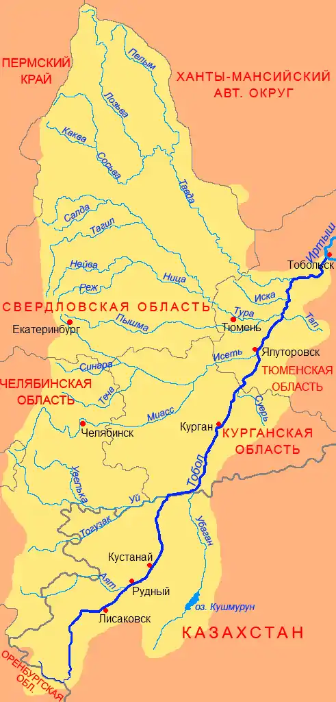 Mapa en ruso del río Tobol en el que está Tiumén (Тюме́нь)