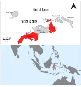 Localización de las islas Togian con las islas donde habita Z. somadikartai en color rojo.