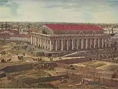A. Tozelli. Panorama de Petersburgo. Acuarela de  1820 en la que se ve la Bolsa