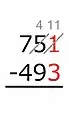 1 − 3 = no es posible.Añadimos un 10 al 1. Debido a que el 10 es «prestado» desde el 5 cercano, el 5 se baja en 1.