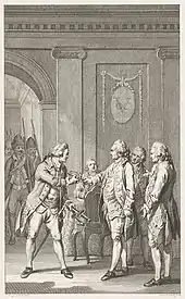 A black and white etching depicting three men surrendering their swords to another, while armed guards watch.