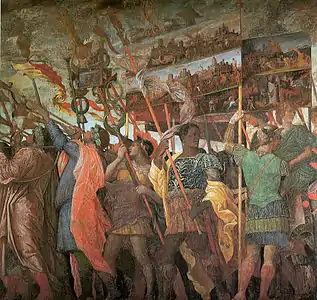 Los triunfos del César, {primer lienzo: trompetistas y portadores de insignias