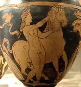 Troilo en la fuente, en un stamnos de figuras rojas producido en un taller de Vulci (cerámica greco-etrusca, ca. 300 a. C.)