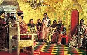Sesión del zar Mikhail Feodorvich con sus boyardos en su Cámara de Estado. 1893