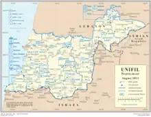 Mapa del despliegue de la misión de la Fuerza Provisional de las Naciones Unidas para el Líbano a abril de 2017.