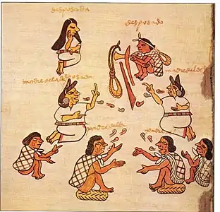 Propuesta de matrimonio por un joven Tlapaneca con sus herramientas de trabajo; tepoztli, uictli y mecapalli. Códice Tudela f.74