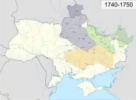 Ucrania en los años 1740-1750: territorio de los regimientos de Slobodá (verde);  Hetmanato cosaco (azul);  Ejército de Zaporiyia (naranja)