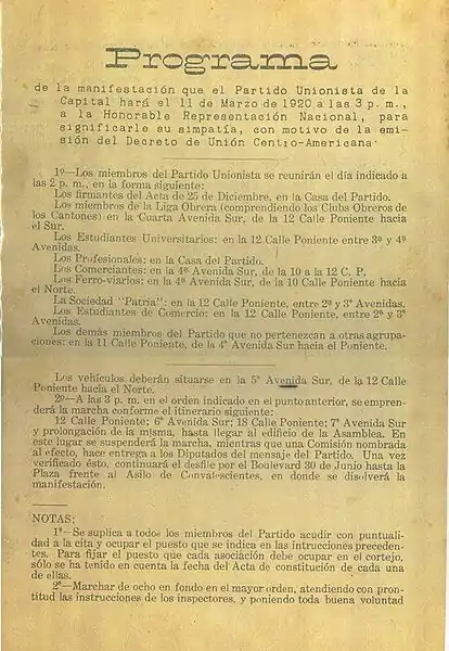 Programa de la manifestación que el Partido Unionista realizó el 11 de marzo de 1920 a las 3:00 p. m.