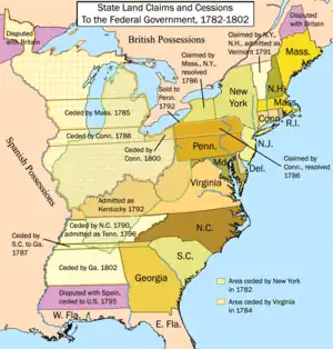 Tierras estatales reclamadas, basadas en cartas coloniales, y más tarde cesiones al gobierno de los Estados Unidos, 1782-1802.