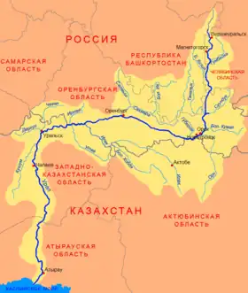 Aktobé (Ақтөбе) en un mapa del río Ural