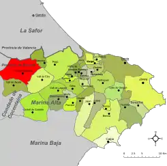 Localización de Vall de Gallinera respecto a la Marina Alta