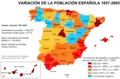 Distribución geográfica del crecimiento de la población española entre 1857 y 2005