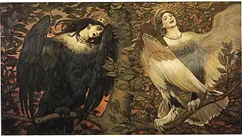 Víktor Vasnetsov. Sirin (izquierda) y Alkonost Aves de alegría y tristeza (1896)