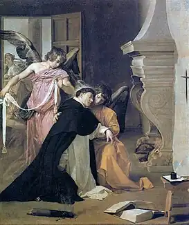 Tentación de Santo Tomás de Aquino, por Diego Velázquez. Cuando era novicio, Santo Tomás ahuyentó a una prostituta con un tizón encendido.