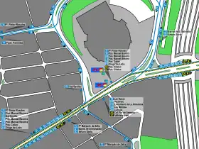 Mapa de la zona de Ventas con los accesos al Metro y los recorridos de los autobuses de la EMT que pasan por ella.