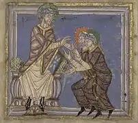 Recepción de santo Omer y de su padre Friulf a Luxeuil ; Vida de Santo Omer ; siglo XI, Capítulo de la Catedral ; Ms 698. Biblioteca municipal de santo-Omer.