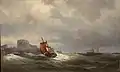 Barco de pescadores y un vapor en una cotsa rocosa (1870)