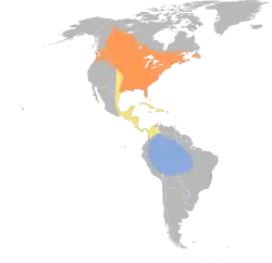 Distribución geográfica del vireo ojirrojo (excluyendo el complejo Vireo chivi).