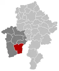 Mapa de la provincia de Namur, que muestra el arrondissement de Philippeville (en gris oscuro) y el municipio de Viroinval (en rojo).