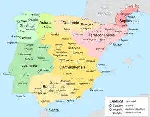 Organización territorial del reino visigodo de Toledo en el siglo VII, que ya comprende toda la Península.