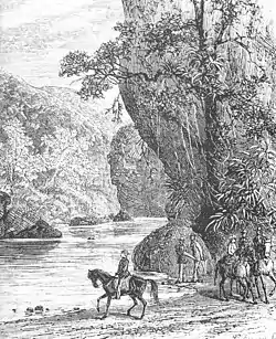Vista del Peñón de El Encantado con el grupo de excursionistas acompañantes de James Mudie Spence en 1872. Grabado a partir de una acuarela de Ramón Bolet (1836-1876)