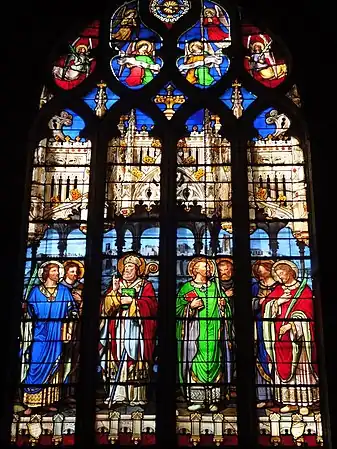 Vidriera de la catedral de Saint-Gervais-Saint-Protais de Lectoure (siglo XIX) representando a Géronce, Severo, Clair, Justino, Policarpo, Juan y Babil.