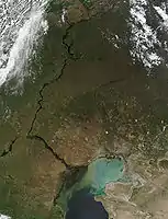 Rusia, delta del río Volga que desemboca en el Mar Caspio, vista general.