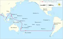Un mapa de los océanos indios y del Pacífico que muestran la ruta simplificada de la nave de Surville  Saint Jean-Baptiste