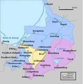 Masuria como área prusiana habitada por residentes que hablan polaco o mazurskiChristofer Herrmann: Warmia i Mazury : przewodnik po zabytkach sztuki. Bartąg: Wydawnictwo Artes, 2008. ISBN 978-83-61049-24-1. p. 36