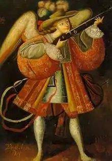 Pintura de Uriel como un guerrero angelical, escuela cuzqueña, siglo XVIII
