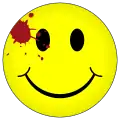 Smiley con una mancha de sangre en su ojo derecho, similar al que usa el Comediante como insignia.