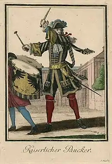 Ilustración de comienzos del siglo XVIII, donde se muestra un intérprete militar de kettle drum.
