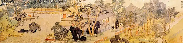 Wen Zhengming. 1530. Vista del Jardín Este. Rollo portátil, tinta y colores sobre seda. Museo del Palacio Nacional.